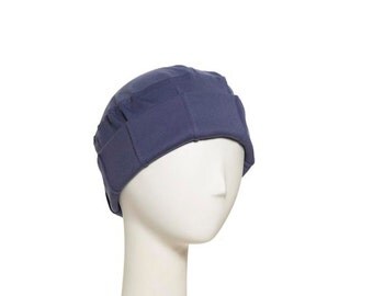 Interlock knit FOLD-UP cancer hat with light padding and detailing in brim. Chemo cap designed for patients in chemotherapy with hair loss.