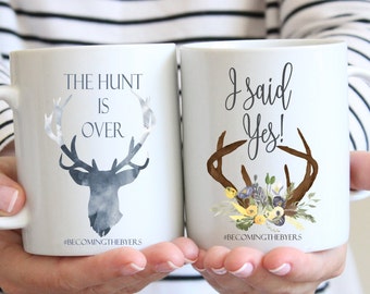 Engagement Annoucement Mugs, The Hunt is Over, I said Yes, Mug Set, Newly Engaged Gift, Bride to be, Personalized Engagement Gift, Custom