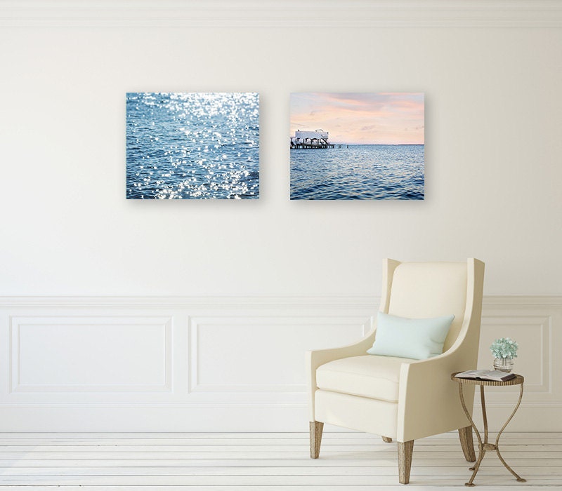 Peach and Blue Wall Art Set of TWO Ocean Prints or Canvases
