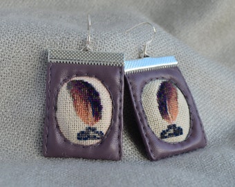 Feather earrings Handmade earrings Fabric earrings Dark earrings Feather jewelry Gift for her Plum jewelry Fabric jewelry Women gift