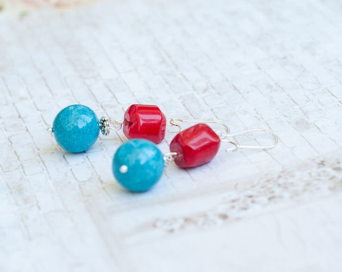 Red coral earrings, Red bamboo earrings, Blue and red earrings, Red coral dangle earrings, Bamboo jewelry