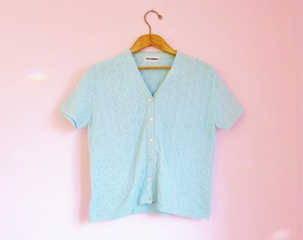 Vintage 70s Pastel Blue Short-Sleeve Cardigan Sweater - Size S/M