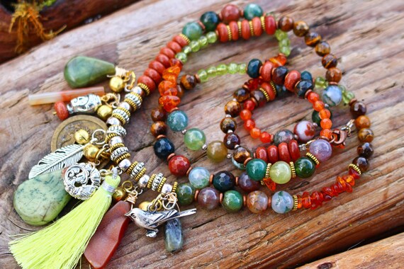 Items similar to Gypsy Charm Necklace—Boho Jewelry—Amber, India Agate ...