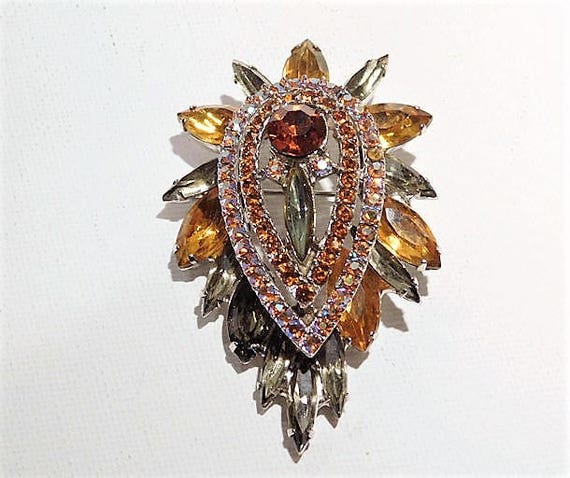 Verified Juliana DeLizza Elster D & E BOOK Piece Vintage Mid Century 1960s 60s Rhinestone Brooch Pendant Fashion Jewelry AB Aurora Borealis