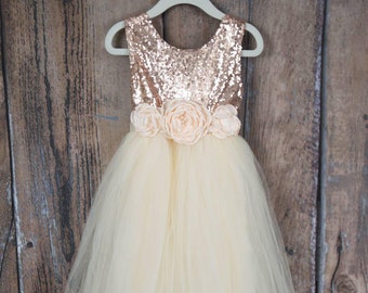Cream Flower Girl Dress, Rose Gold Sequin Top, Floor Length Dress, Sash, Tutu, Ball Gown, Boho Chic Country, Photography Prop, Birthday