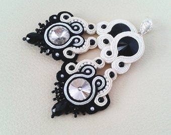 Soutache Earrings black, ivory, white colors- Soutache earrings - Handmade Earrings