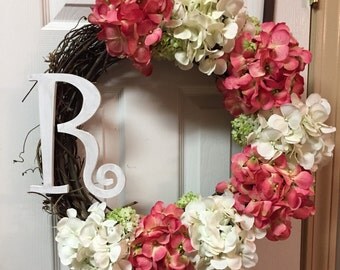 Monogram Wreath, Monogram Wall Decor, Monogram Gifts For Women, Hydrangea Wreath, Door Wreath Summer, Summer Wreath, Front Door Wreaths