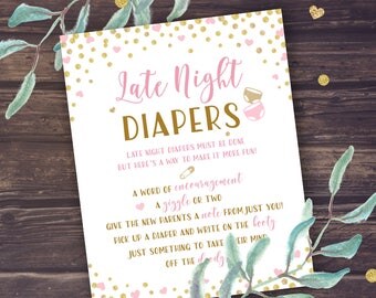 Late Night Diapers Baby Shower Game Printable, Pink and Gold Baby Shower Decor Instant Download, Diapers Game, Fun Baby Shower Ideas, PDF