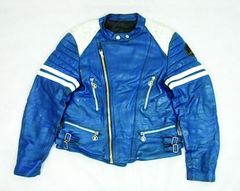 Very Rare French Moto Cuir Paris Blue & White Leather Motorcycle Cafe Racer Racing Jacket 40"