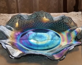 1960's Indiana Glass Iridescent Blue Carnival Glass Hostess Bowl. Indiana Diamond Point Glass and Button Carnival Glass Bowl.
