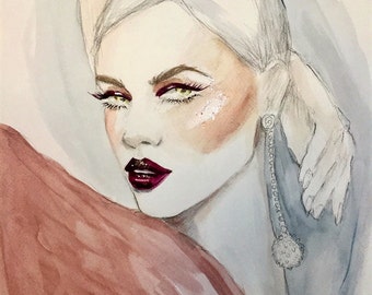 Glam Inspired Original Watercolor Fashion Illustration Painting
