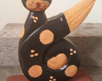 Sweet Hand Painted Wood Cat Indonesian Kitten Cat Lovers delight Vintage