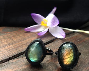 Labradorite ring, green crystal ring, statement jewelry, clay jewelry, polymer ring, gemstone ring, dark romance, witchy ring
