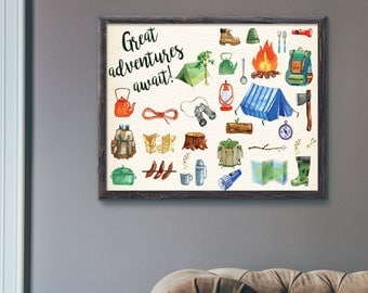 Great Adventures Await Camping Tools Outdoor Adventure Watercolour Wall Art Print