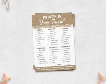 Rustic Whats In Your Purse Game, Lace and Burlap Purse Raid, Rustic Baby Shower, Bridal Fun, Handbag Search, Fun, BL LB Instant Download