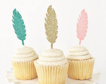 Feather Cupcake Toppers / Tribal Cupcake Toppers / Boho Party Decorations / Wild One Birthday / Two Wild / Wild and Three