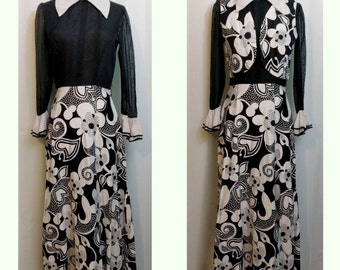 Black and White Mod Floral 60s Maxi Dress with Vest