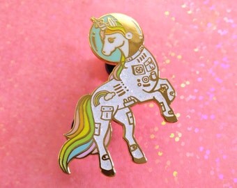 Unicorn enamel pin, Gold glitter lapel pin, astronaut pin, space lover, unicorn space suit, space helmet pin, unicorn lapel pin, rainbow pin