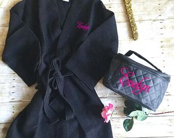 Monogrammed waffle weave spa robe and cosmetic bag