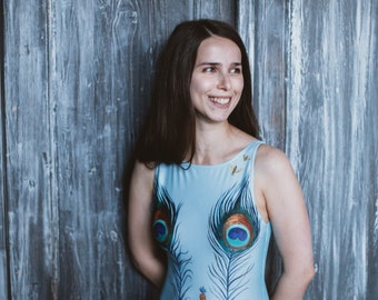 Bathing suits women swimwear, One piece swimsut, Womens swim suit, Blue girls swimsuit, Modest swimwear, Handmade retro swimsuit PEACOCK