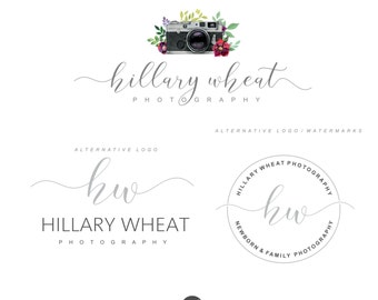 Photography logo design photography watermark Camera Logo Premade logo Branding kit Vintage camera Flower logo Handwritten gold initials 26