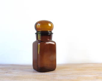 Vintage brown apothecary flask with round lid, square brown glass bottle, pharmacy bottle, brown apothecary flask, airtight storage bottle
