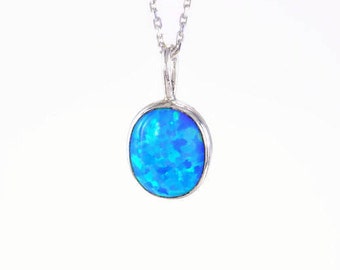 silver blue necklace blue opal pendant blue charm necklace Opal silver necklace, blue opal necklace, blue silver necklace, oval blue pendant