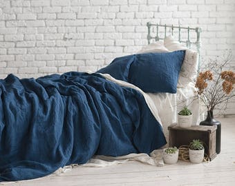 Linen DUVET COVER Navy Blue Queen King Twin Double SEAMLESS Stonewashed Linen Quilt Cover / Doona Cover. Pure linen bedding