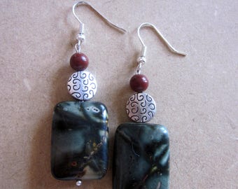Green Picasso Jasper Rectangle Earrings Picasso Jasper Earrings Artistic Jasper Earrings Red Creek Jasper Picture Jasper