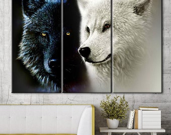 Two wolves, Black Wolf Canvas, white wolf canvas, black and white, a pair of wolves, wolves canvas, wolf print on canvas, wall decor