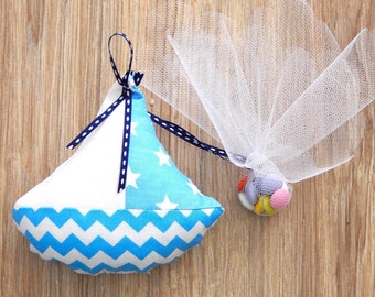 80pcs Baptism/Christening Bombonieres - Plush Pillows ( Boat ). Favors with chocolate dragees