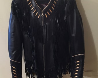 Vintage leather fringed beaded black motorcycle jacket Womens medium size Milwaukee Motorcycle Co