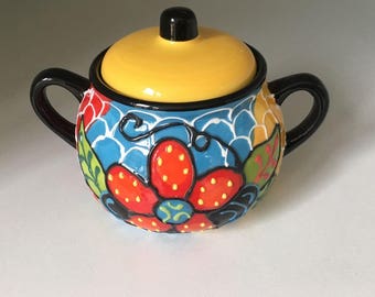 pottery spanish vibrantly coloured jar sized ceramic colored painted multi hand medium