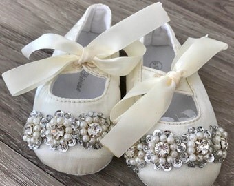 Baby satin ballet shoes with beaded lace christening shoes baptism