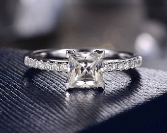 Princess Cut Moissanite Engagement Ring Wedding Bridal Ring White Gold Half Eternity Band Pave Moissanite Anniversary Promise Women Her Gift