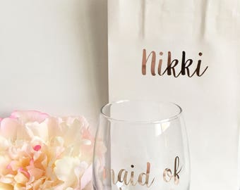Bridesmaids gift set- personalized bridesmaid gift set- rose gold bridesmaid wine glass- personalized gift bags- bridesmaid proposal ideas