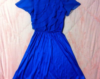 1970s Royal Blue Vintage Dress / 70s Vintage Royal Blue Fancy Dress