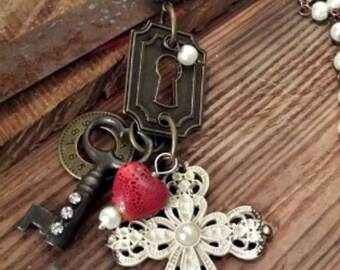 Vintage Skeleton Key Cross Necklace