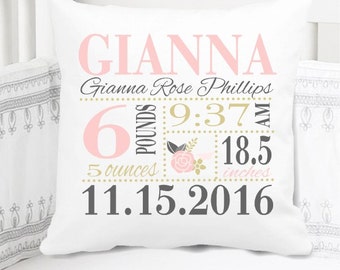 Girls Birth Announcement Pillow - Floral - Pink Gold Grey