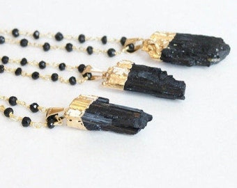 Black Tourmaline Necklace, Long Necklace, Raw Crystal Jewelry, Long Stone Necklace, Pendant Necklace - The Silver Wren