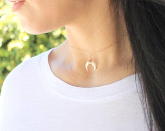 Tiny Double Horn Necklace, Choker Necklace, Gold Layering Necklace, Moon Necklace, The Silver Wren