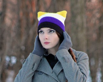 Gender Non Binary Pride Pussy Hat Cat Kitten Striped Black Purple White and Yellow Human Rights Parade Gay Lesbian Trans Queer LGBTQ