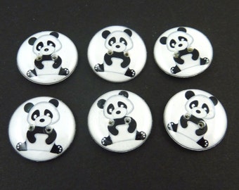6 Panda Buttons. 3/4" or 20 mm Sewing Buttons. Handmade By Me. Washer and Dryer Safe. Zoo animal Buttons.
