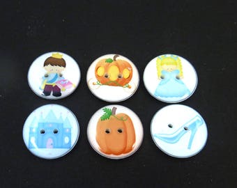 Cinderella Buttons. 6 Handmade Sewing or Scrapbooking Children's Fairy Tale Buttons.