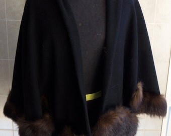 Vintage 1950's Black Wool Cape with mink Trim