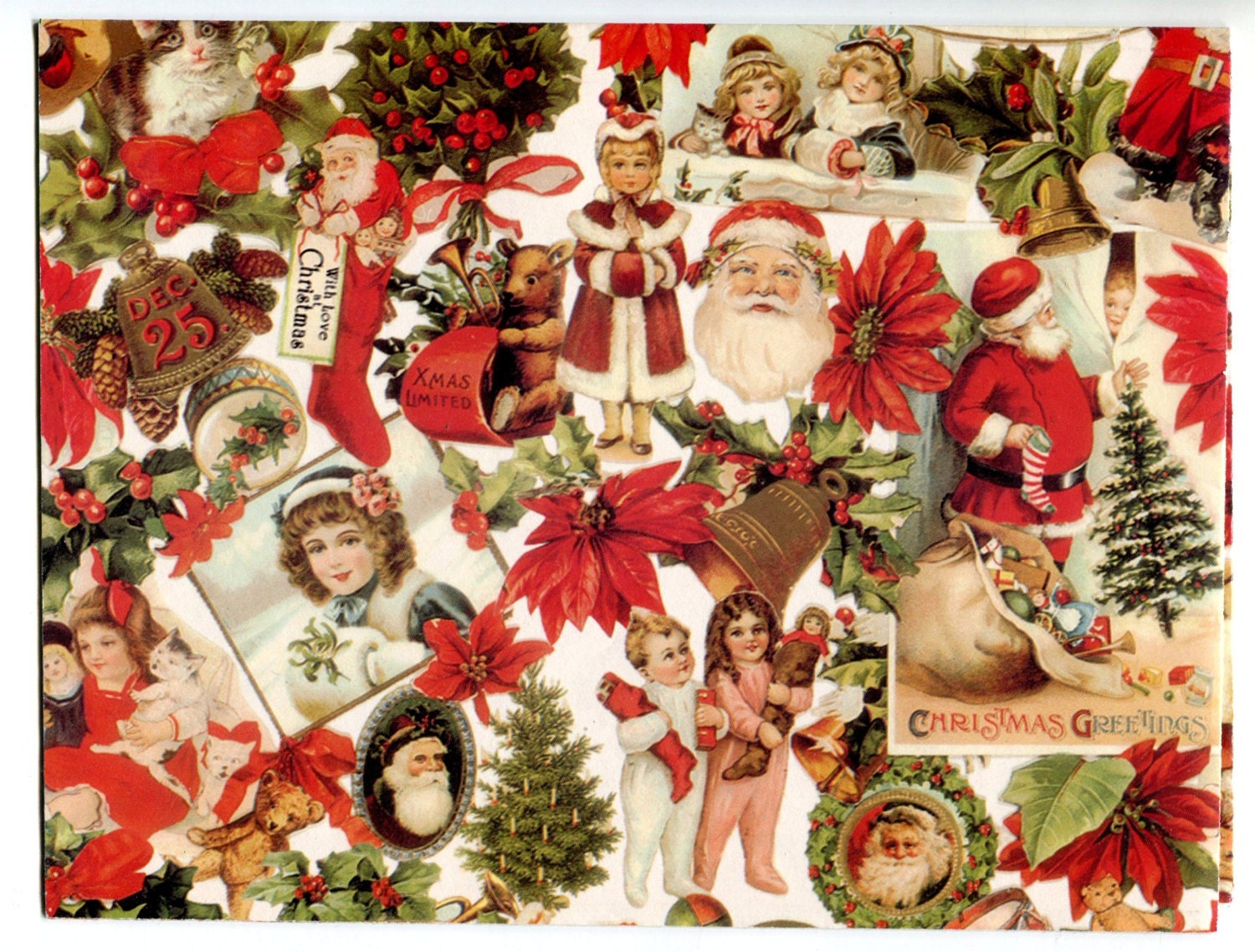 Vintage Christmas Wrapping Paper Victorian Collage Pretty Old Fashioned