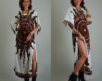 Wrap Around Kaftan Vintage 70s Africana Tribal Mandala Wrap Around Caftan Maxi Dress (os)