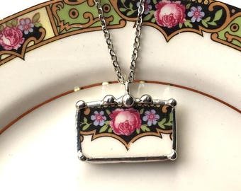 Broken china jewelry pendant necklace, antique pink rose with purple flowers, antique porcelain, made from a broken plate