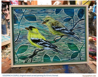 Goldfinch Couple, Original Carved Wood Painting Buzz Parker treehouse trees forest HOME TREE HOME American Goldfinch Birds Garden