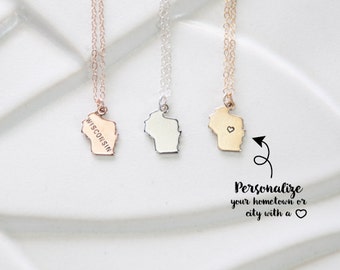 Hand Stamped Jewelry, Rose Gold Wisconsin State Necklace, State Charm Wisconsin Pendant, Small Charm, Heart Wisconsin, Personalized Charm